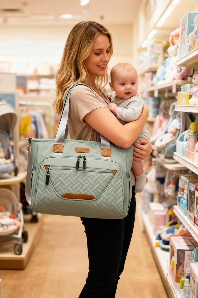 FHELAD Diaper Bag Tote, Large Tote Diaper Bag with 16" Laptop Compartment, Baby Bag with Insulated Pocket for Mam and Dad, Ideal for Travel, Work (Morandi Grey) | Dual stroller hooks, Working Parents, 3 Insulated Pocket - Image 2